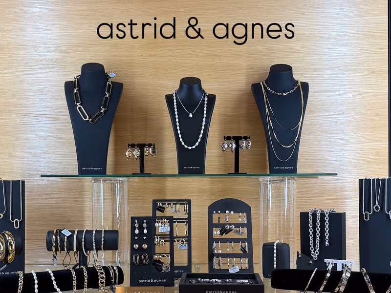 Astrid & Agnes-veggen med merkenavnet over glasshylla, byster med kjeder øverst og øredobber og armbånd under