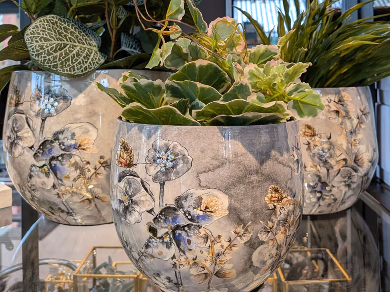Tre runde krukker med samme blomstermotiv og grønne planter, på en hylle i butikken